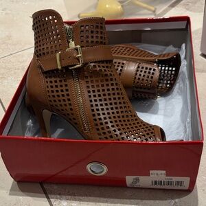 Guess Tan Perforated Peep-Toe Ankle Booties with Buckle